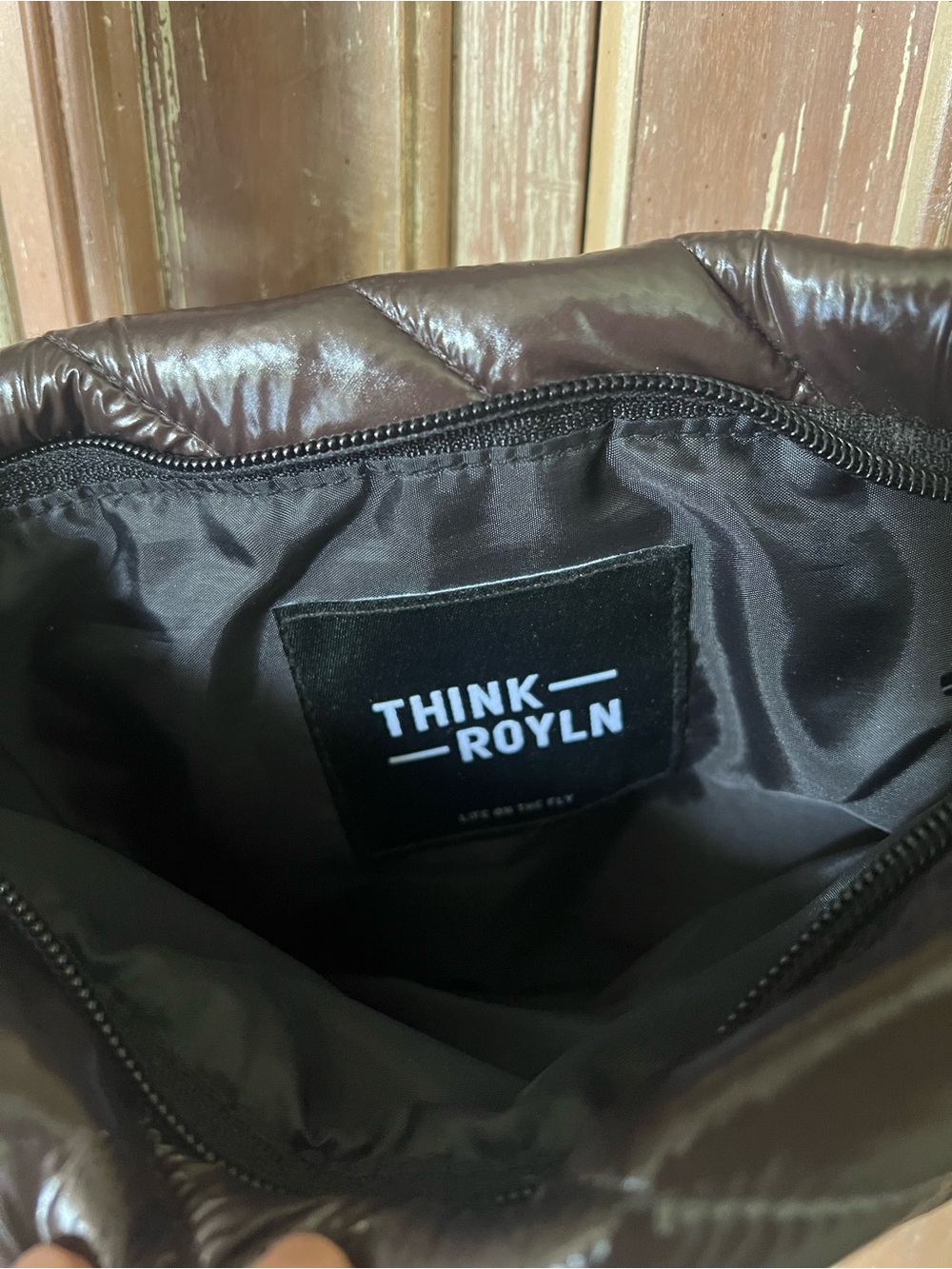 Think Royln Brown Quilted Crossbody Bag Nylon Puffer Adjustable Strap - Picture 8 of 9